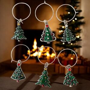 6 Christmas Tree Wine Glass Charms Markers Enameled Silver Tone Holiday Winter